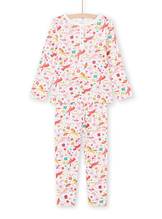 Conjunto pijama T-shirt e calças rosa e cru com estampado de unicórnios e fantasia menina MEFAPYJUNI / 21WH1186PYJ001