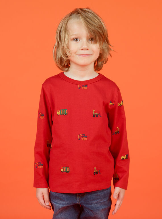 T-shirt mangas compridas vermelho estampado carro, trator e helicópteros menino MOCOTEE2 / 21W902L4TMLF521