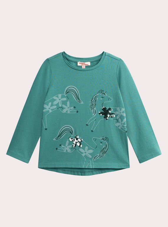 T-shirt turquesa com estampa de cavalo para menina  VAJOYTEE5 / 24W901I1TML215