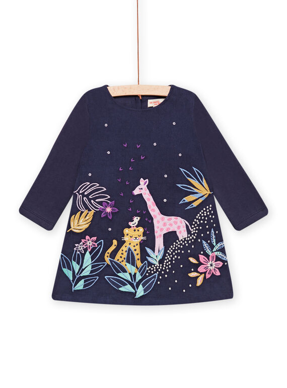 Vestido azul-marinho em veludo com padrão de savana bordado bebé menina MIPLAROB1 / 21WG09O3ROBC202