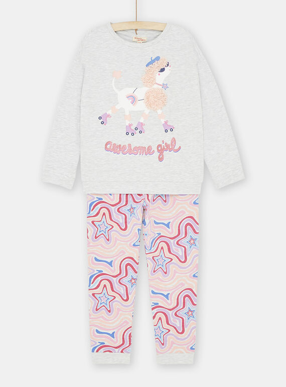 Pijama cinzento mesclado e rosa com padrão de cão de patins menina 