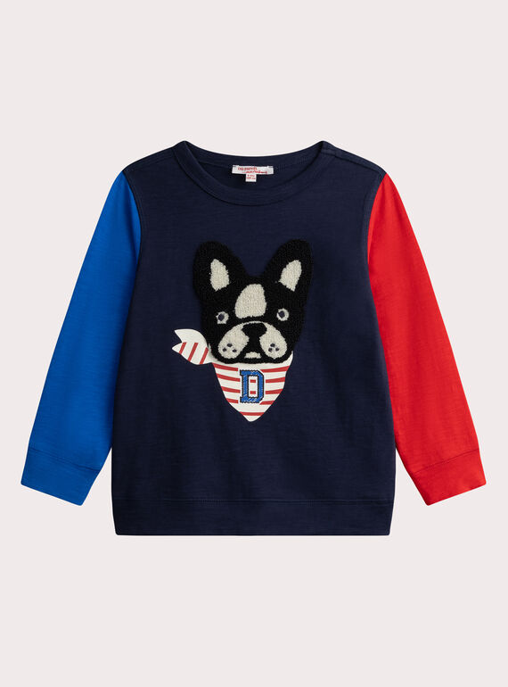 T-shirt de manga comprida azul-escura com estampado de cão WOKATEE3 / 25S90232TMLC243