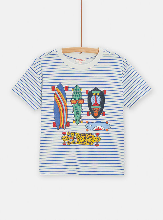 T-shirt azul e branco com estampado de skateboards menino TOCLUTI2 / 24S902O4TMC002
