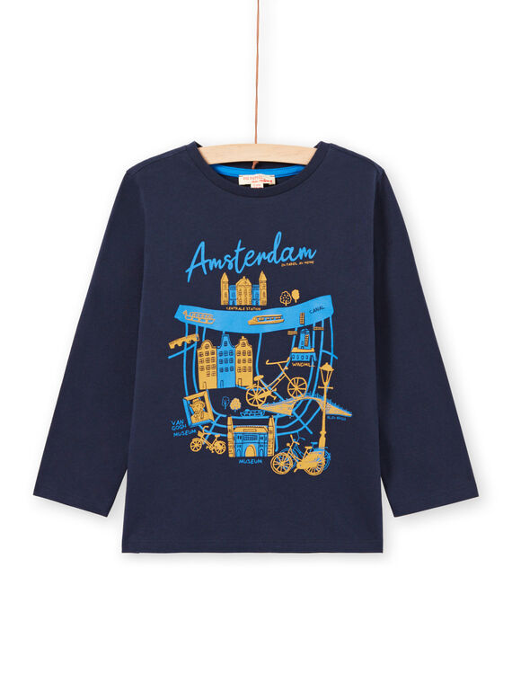 T-shirt de mangas compridas azul-noite padrão Amsterdam menino MOJOTEE4 / 21W90223TML705