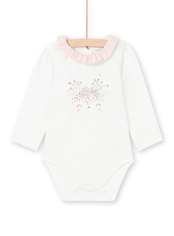 Body de mangas compridas cru estampado na gola com folhos bebé menina MOU1BOD4 / 21WF0341BOD001