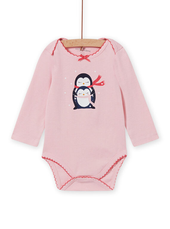 Body com mangas compridas rosa mesclado e padrão de pinguins bebé menina MEFIBODNEI / 21WH13C2BDLD314
